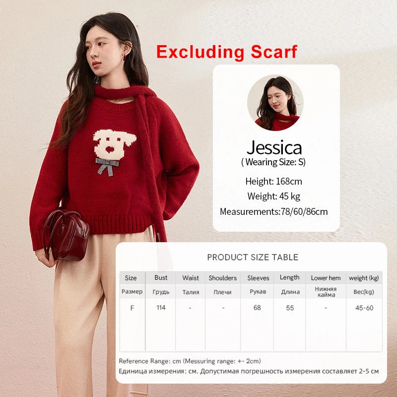 MISHOW New Year Women's Puppy Jacquard Crew Neck Knit Sweater 2026 Spring Loose Casual Red Sweater Excluding Scarf MXE93Z2932