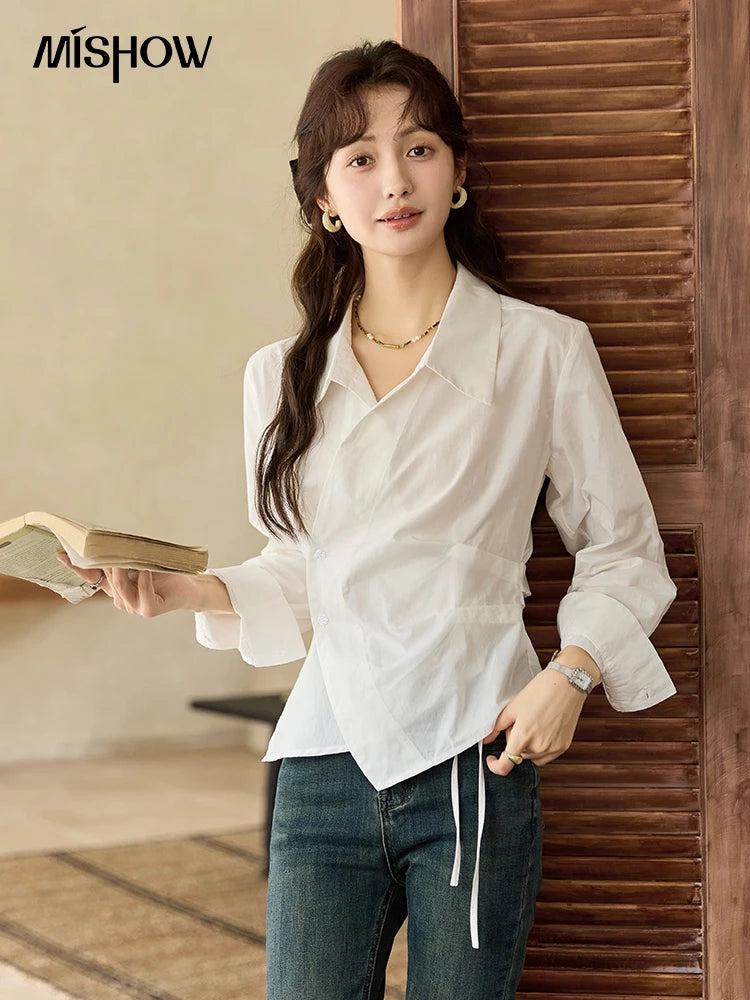 MISHOW French Side Placket Asymmetric Shirt Autumn 2025 Pleated Waist Lapel Shirts Long Sleeve Loose Commuter Tops MXD45C0357
