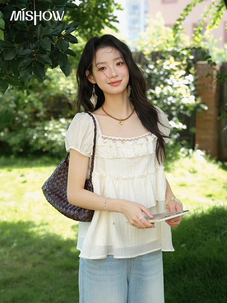 MISHOW Female Fashion Square Collar Loose Blouse 2025 Summer New Commute Puff Sleeve Tierred Top Women's Clothing MXE33X1763