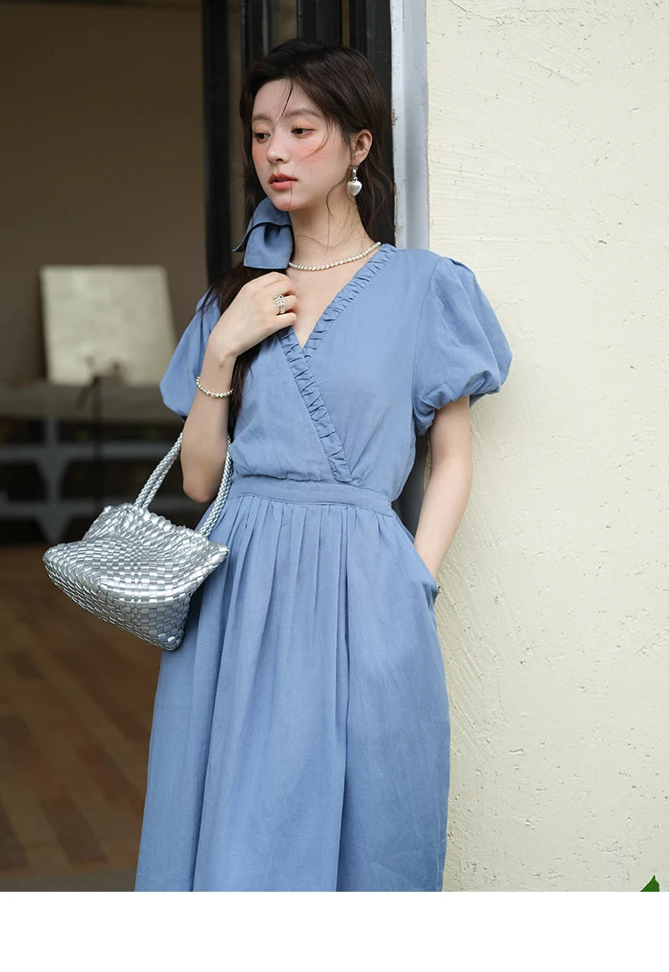 MISHOW Summer Fashion V-neck Dress Woman 2025 New Puff Sleeve Sashes Elegant Pocket Vacation Dresses Ladies Clothing MXE39L2381