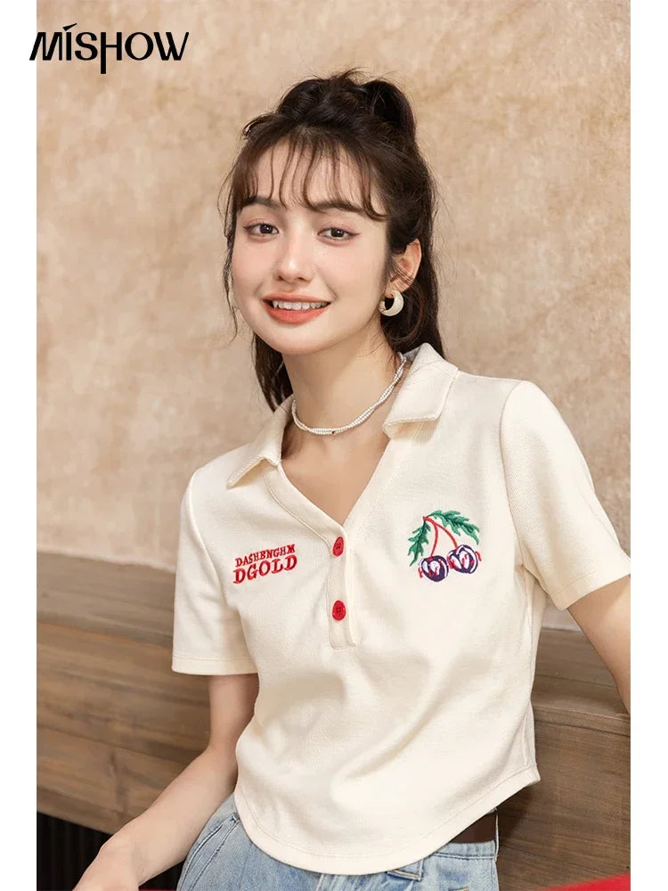 MISHOW Summer T-shirts for Women Korean Fashion Polo Collar Embroidery Letter Short Tops Harajuku Casual Solid Tees MXB32T0477