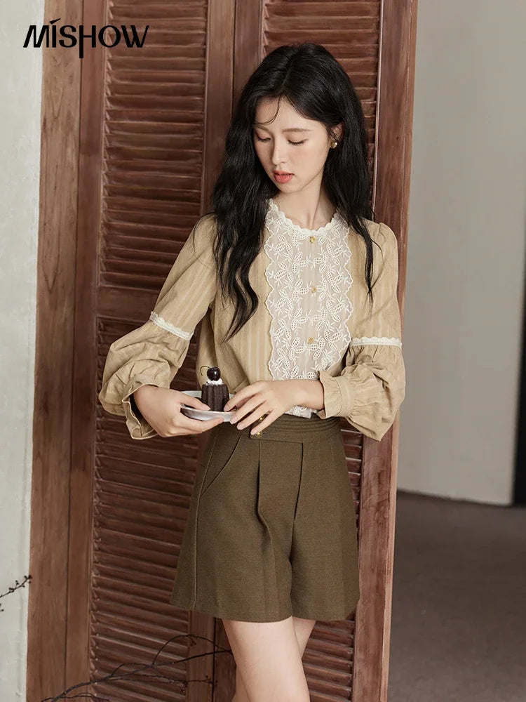 MISHOW Vintage Mesh Embroidery Blouse Women Lace Striped Lace Collar Long Sleeve Top French Lantern Sleeve Outwear MXD47X1664