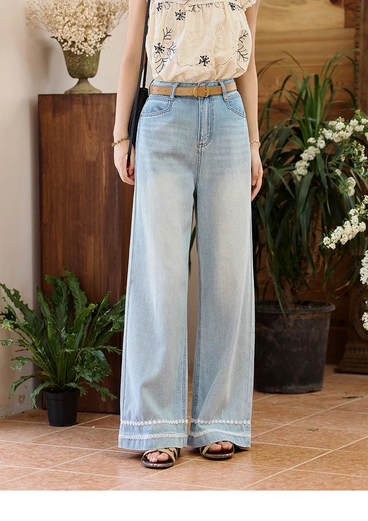 MISHOW Denim Blue Lace Straight Leg Pants for Women Summer 2025 High Waist Trousers 100 Cotton Casual Wide Leg Jeans MXE35K0947