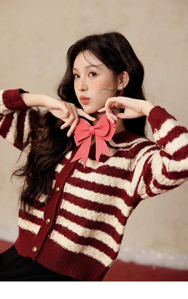 MISHOW Christmas Red Striped Turn Down Collar Cropped Cardigan Thickened Warm Wool Blend Sweater Soft Knitted Tops MXD58Z1038