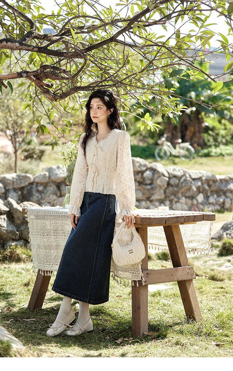 MISHOW Hollow Lace Shirt for Women Spring 2025 French Retro Lace100 Cotton Shirt V Neck Waist Elastic Cuffs Blouses MXE12X1710