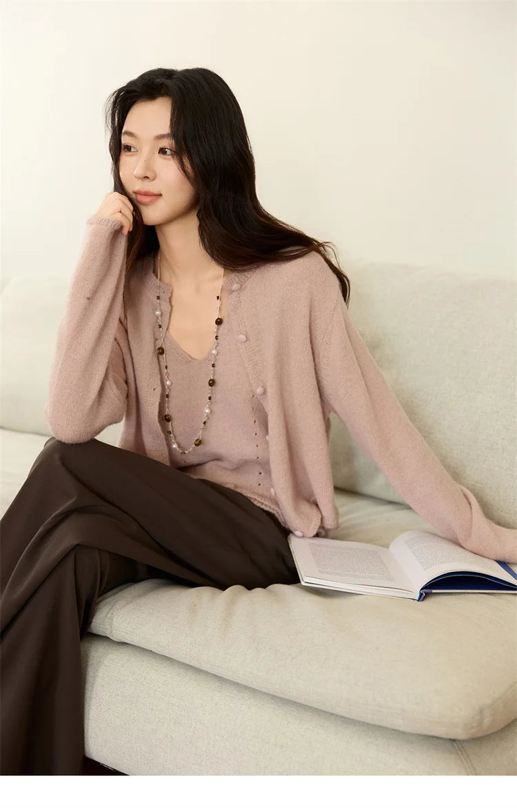 MISHOW Knit Cardigan for Women 2025 Autumn Elegant Pink Crew Neck Cardigan Loose Suspenders Two-piece Suit for Women MXE48T1404