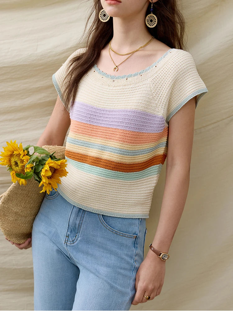 MISHOW Casual Stripe Knitted Pullover Women Summer New 2025 Short Sleeve Round Neck Slimming Tops Female Office Lady MXE31Z1222