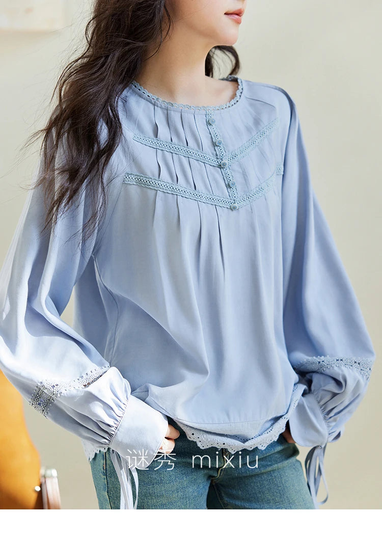 MISHOW Blue Lace Patchwork Shirt for Women 2025 Spring Sleeve Lace-up Hem Wave Edge Top Lantern Sleeve Loose Shirt MXE14X1716