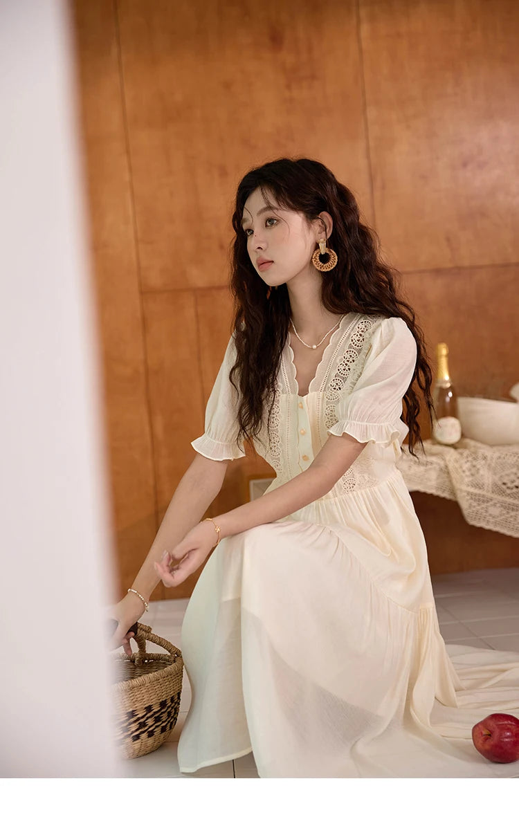 MISHOW Women's French Hollowed Out Embroidery Dress 2024 Summer Elegant Slim Fairycore Dress Waist Mid Length Dresses MXD31L1981