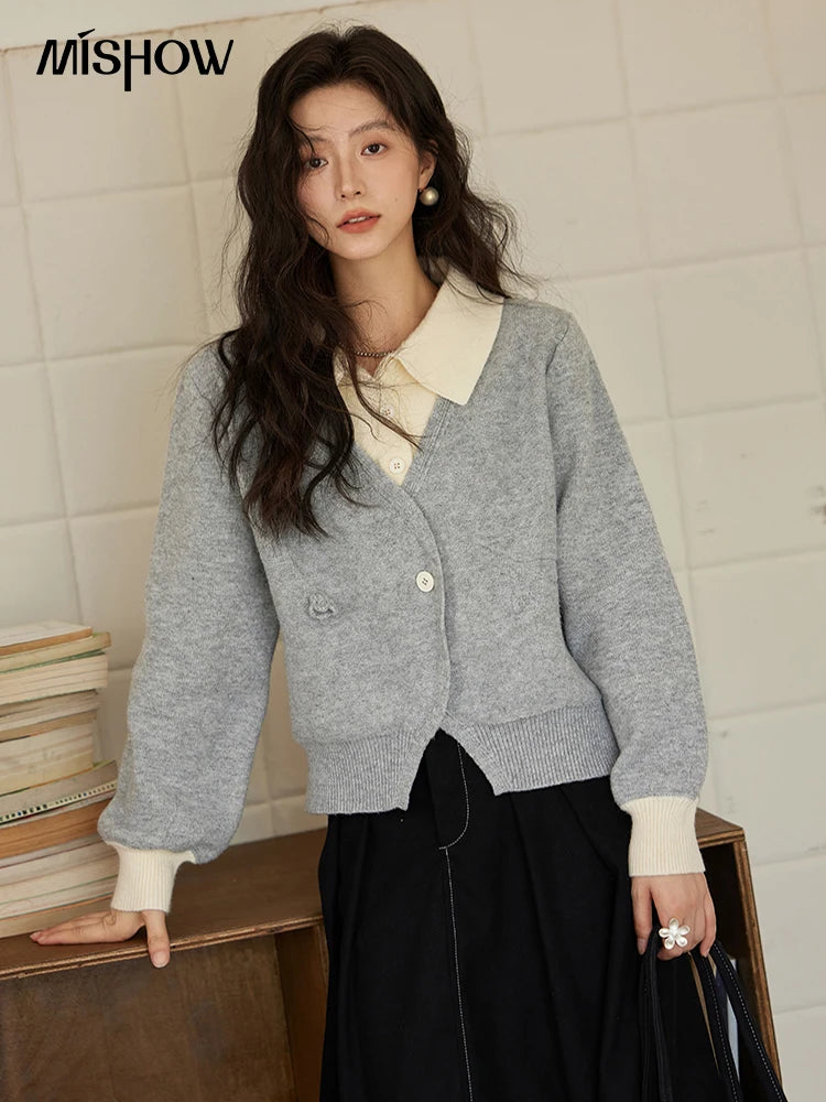 MISHOW Fake Two-piece Sweater Women French Retro Splicing Top 2024 Fall Winter New Korean Design Thin Knitwear MXD46Z0804