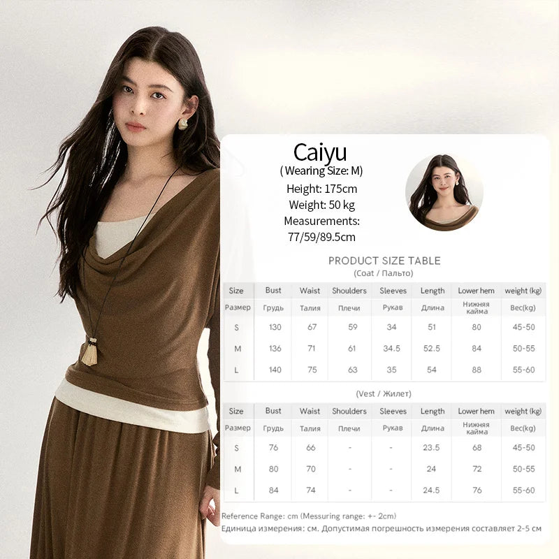 MISHOW Women's Draped Neck Tops with Camisole Two Piece Set 2026 Spring Long Sleeve Slim Casual Soft Brown Tops MXF11T1458
