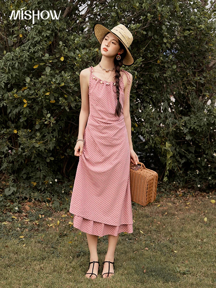 MISHOW Red Plaid Summer Camisole Dress Women New 2025 Sleeveless Elastic Waist Retro Dresses Woman Sweat Fashion MXE32L2198