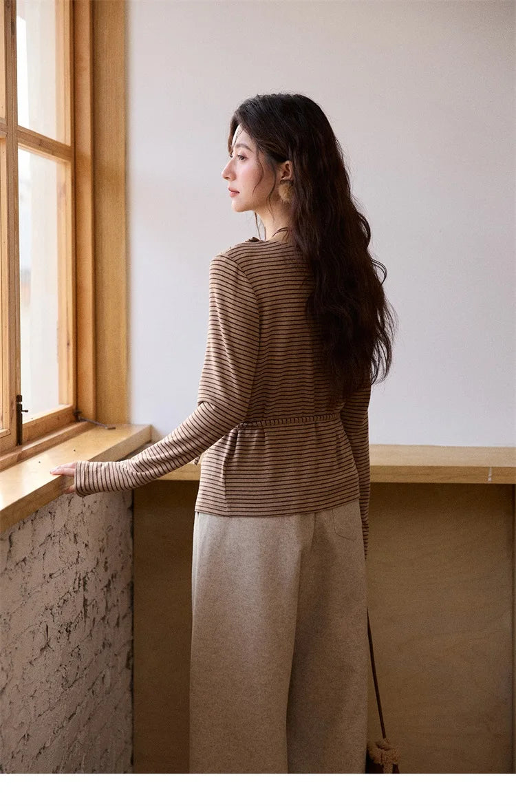 Mishow Retro Crew Neck Tie-Up Striped Top MXE87Z2700