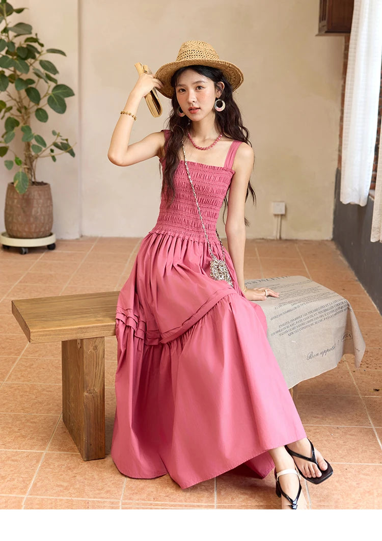 MISHOW Sling Square Collar Dress for Women 2025 Summer High Waist Pocket Fashion A-line Long Dress Ladies Clothing MXE36L2319