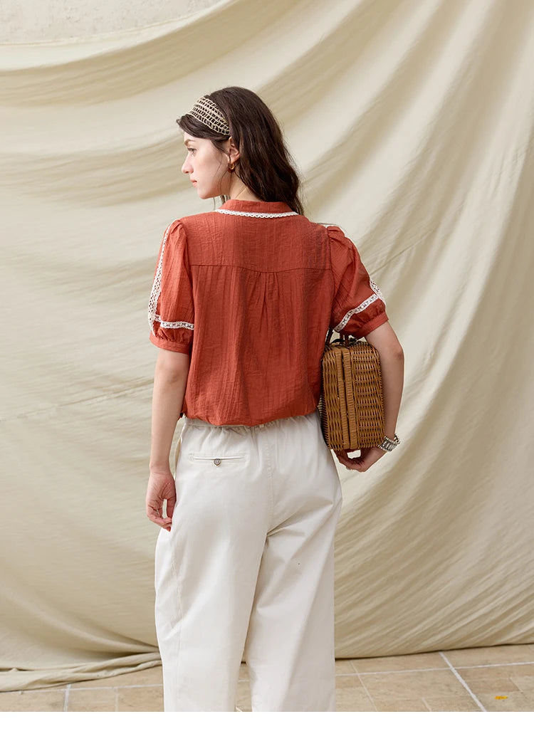 MISHOW French New Blouses Women Summer New 2025 Short Sleeve V-neck Color Matching Shirts Female Fashion Lazy Style MXE31X1766