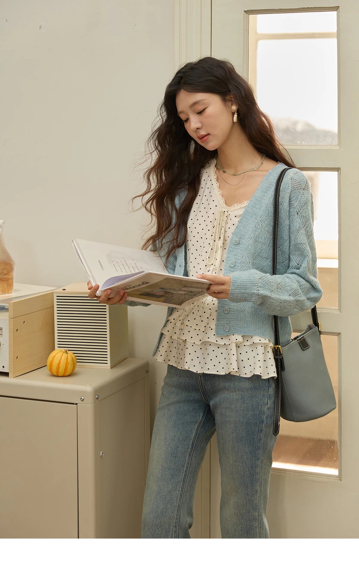 MISHOW Women's Blue Argyle Knitted Cardigan 2025 Autumn V Neck Drop Dropped Sleeve Cardigan Hollow Out Wool Blend Top MXE41Z1313