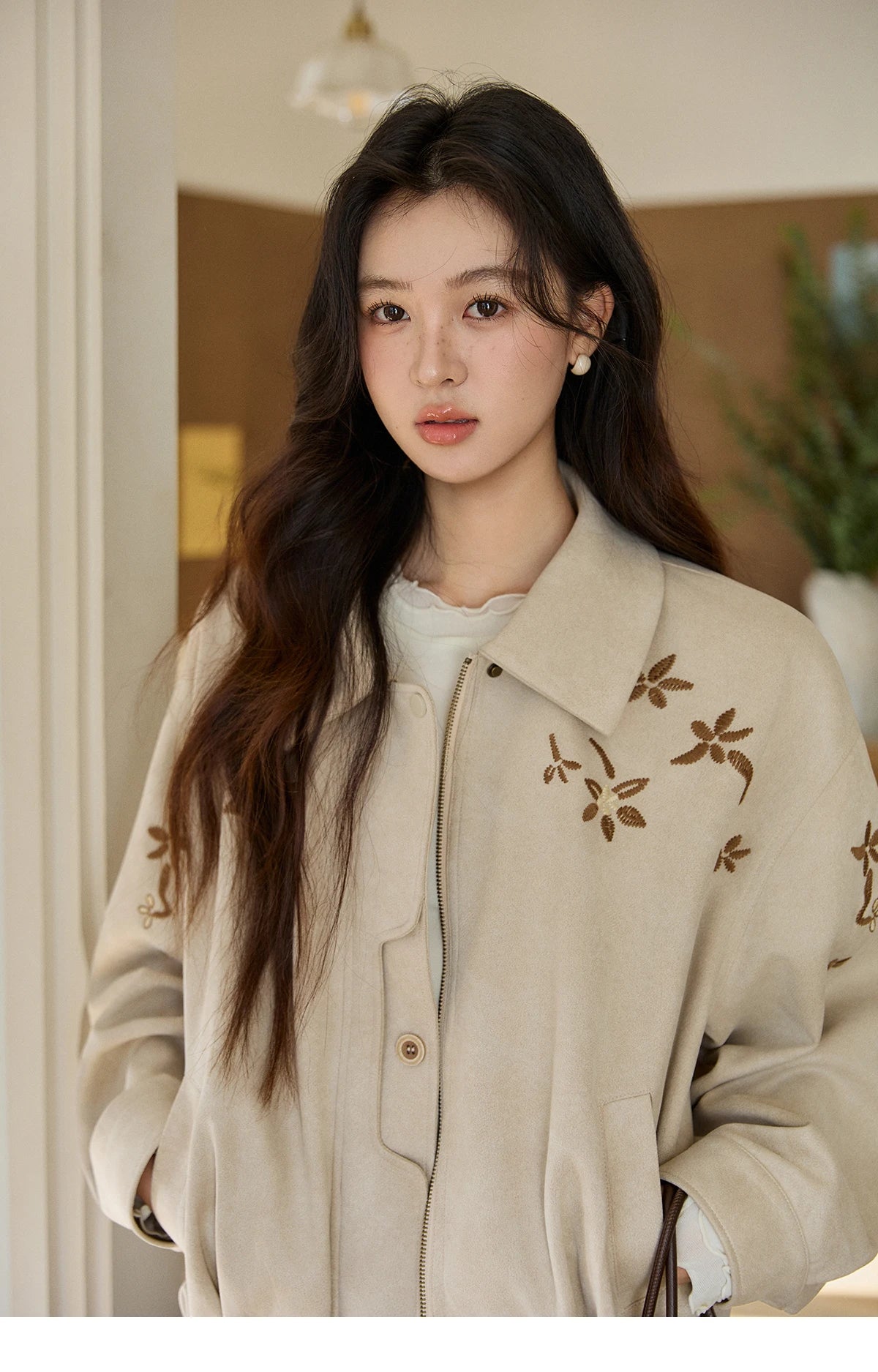 MISHOW Women's Imitation Suede Jacket2026 Spring Floral Embroidery Lapel Zipper Coats Long Sleeve Casual Outerwear MXF11W1027