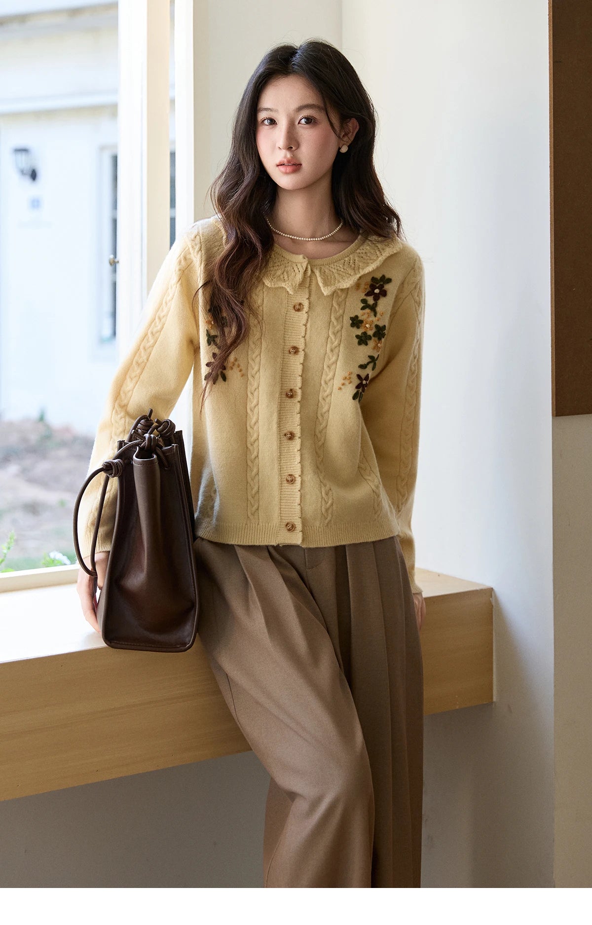 MISHOW Women's Cable Knit Cardigan Spring Peter Pan Collar Floral Embroidery Sweater Long Sleeve Casual Loose Tops MXF11Z2904