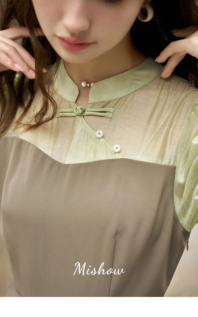 MISHOW Chinese Style Dress for Women 2023 Summer Waist Puff Sleeve Patchwork Fake Two Pieces French Slim Long DressES MXC35L1354