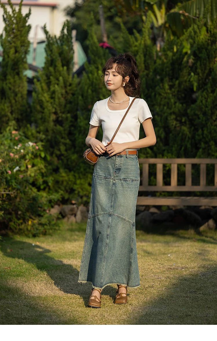 MISHOW Short Sleeve T-shirts Women Spring Solid Square-neck Top Elegant Woman Clothes Office Lady Cotton Tees MXC12T0641