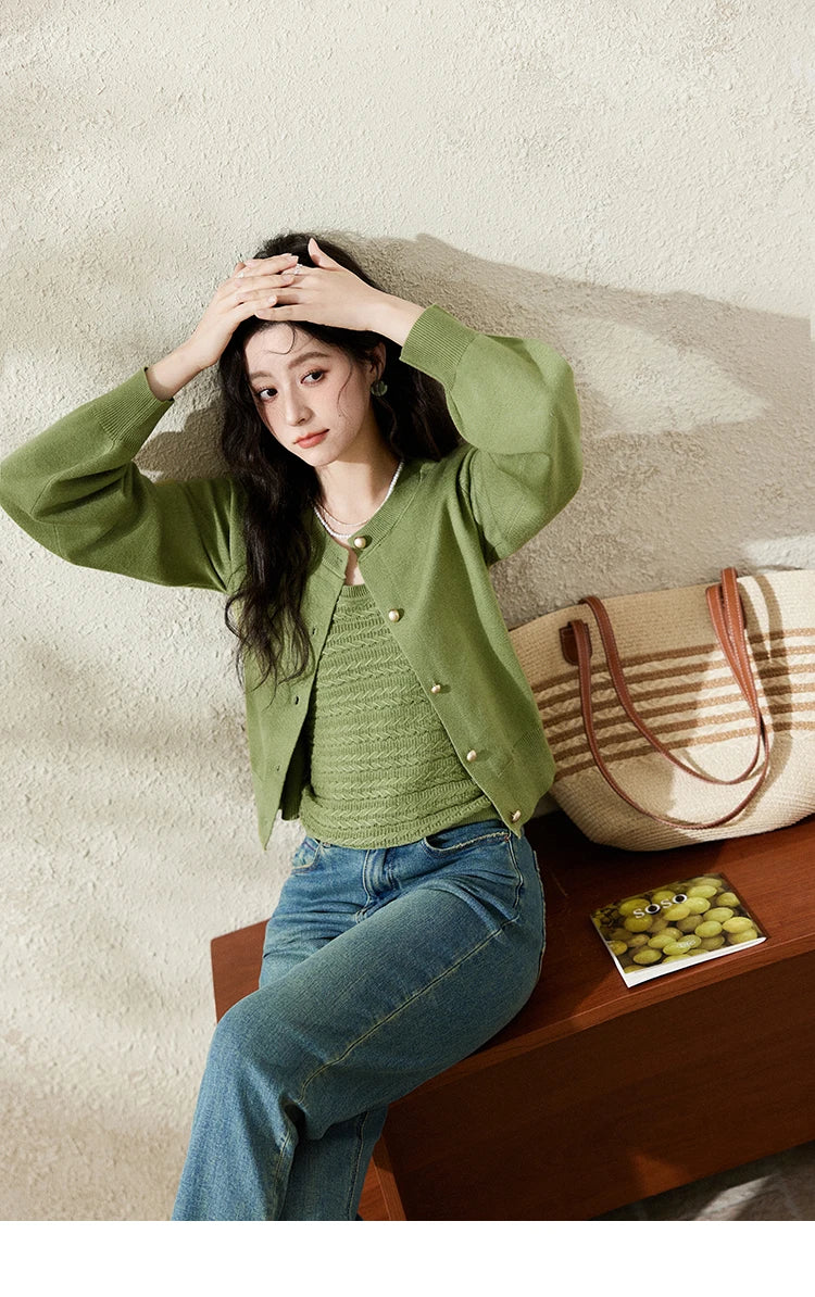 Mishow Avocado Green Metal Button Crochet Cardigan MXE11Z1188
