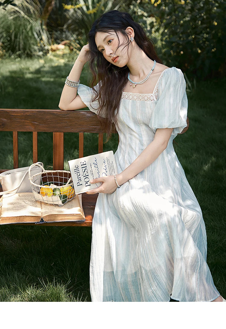 MISHOW Women's Summer Dress 2025 New Fashion Striped Square Neck Spliced Lace Hollow Out Dress Waist Lace Up Dresses MXE39L2403