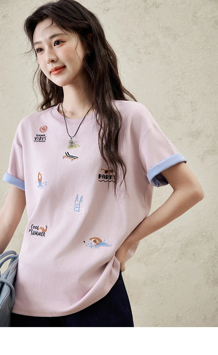 MISHOW Embroidered Casual T-shirt for Women Summer 2025 Short Sleeve Round Neck Shirts Female New Fashion Tops Lady MXE16T0506