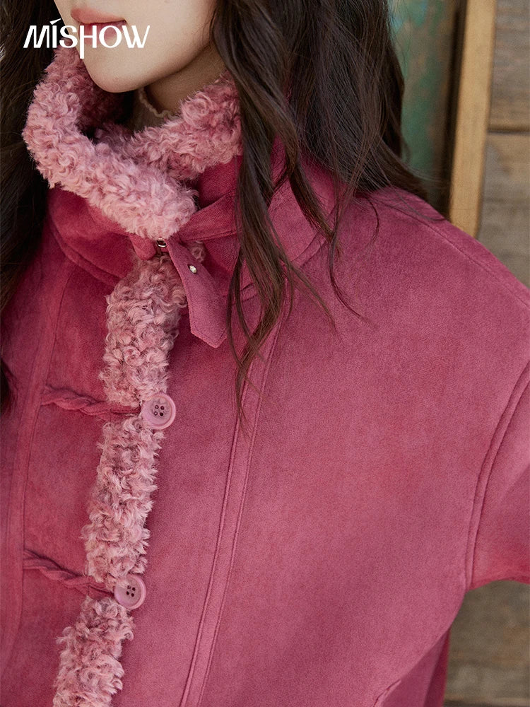 MISHOW Women's Dragon Fruit Red Suede Patchwork Coat 2025 Winter Color Block Stand Collar Thickened Short Outerwear MXE87W0942