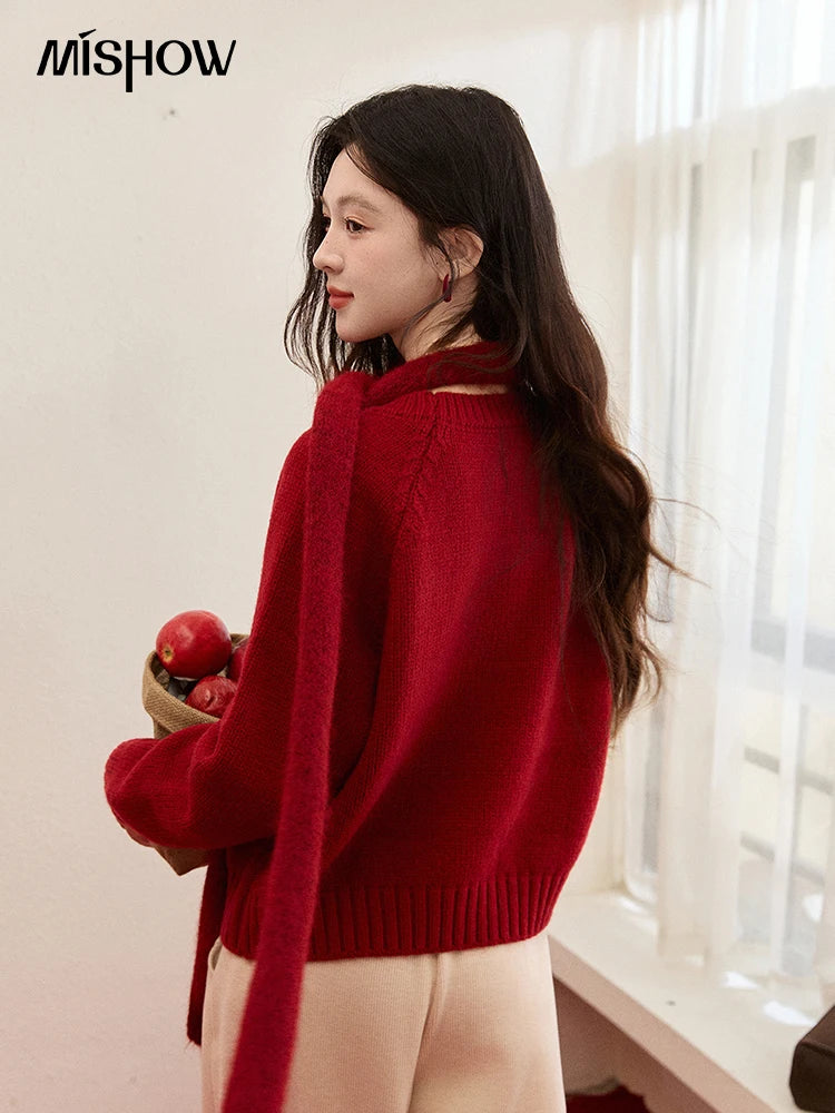 MISHOW New Year Women's Puppy Jacquard Crew Neck Knit Sweater 2026 Spring Loose Casual Red Sweater Excluding Scarf MXE93Z2932