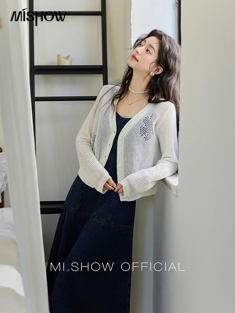 MISHOW Denim Camisole Dress Hollowed Out Cardigan Separately Spring Knitted Cardigan Lace Edge Waist Dress(Not A Set) MXE13L2094