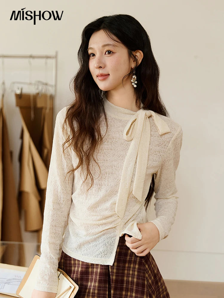 MISHOW Lace Base Tops for Women Autumn 2025 Retro Stand Neck Lace Up Bow Thin Sweater Apricot Waist Knitted Inner Top MXE45Z1382