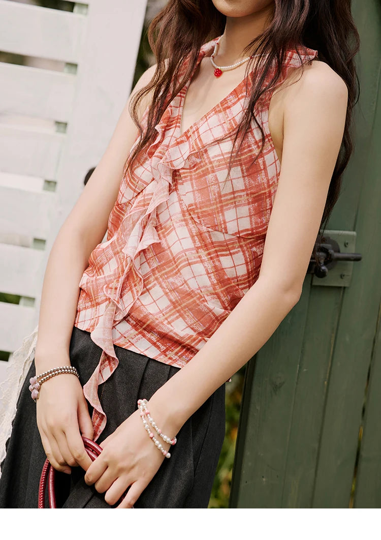 MISHOW French Retro Red Grid Hanging Neck Blouse for Women Summer 2025 Ruffled Edges Backless Blouses Vacation Top MXE34X1785