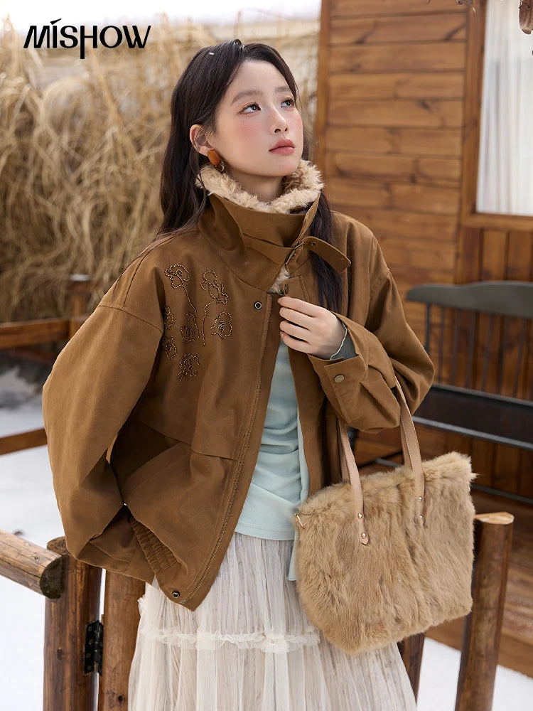 MISHOW Brown Suede Jacket for Women 2025 Winter New Detachable Fur Collar Coat commute Long Sleeve Zipper Jacket MXE51W0876