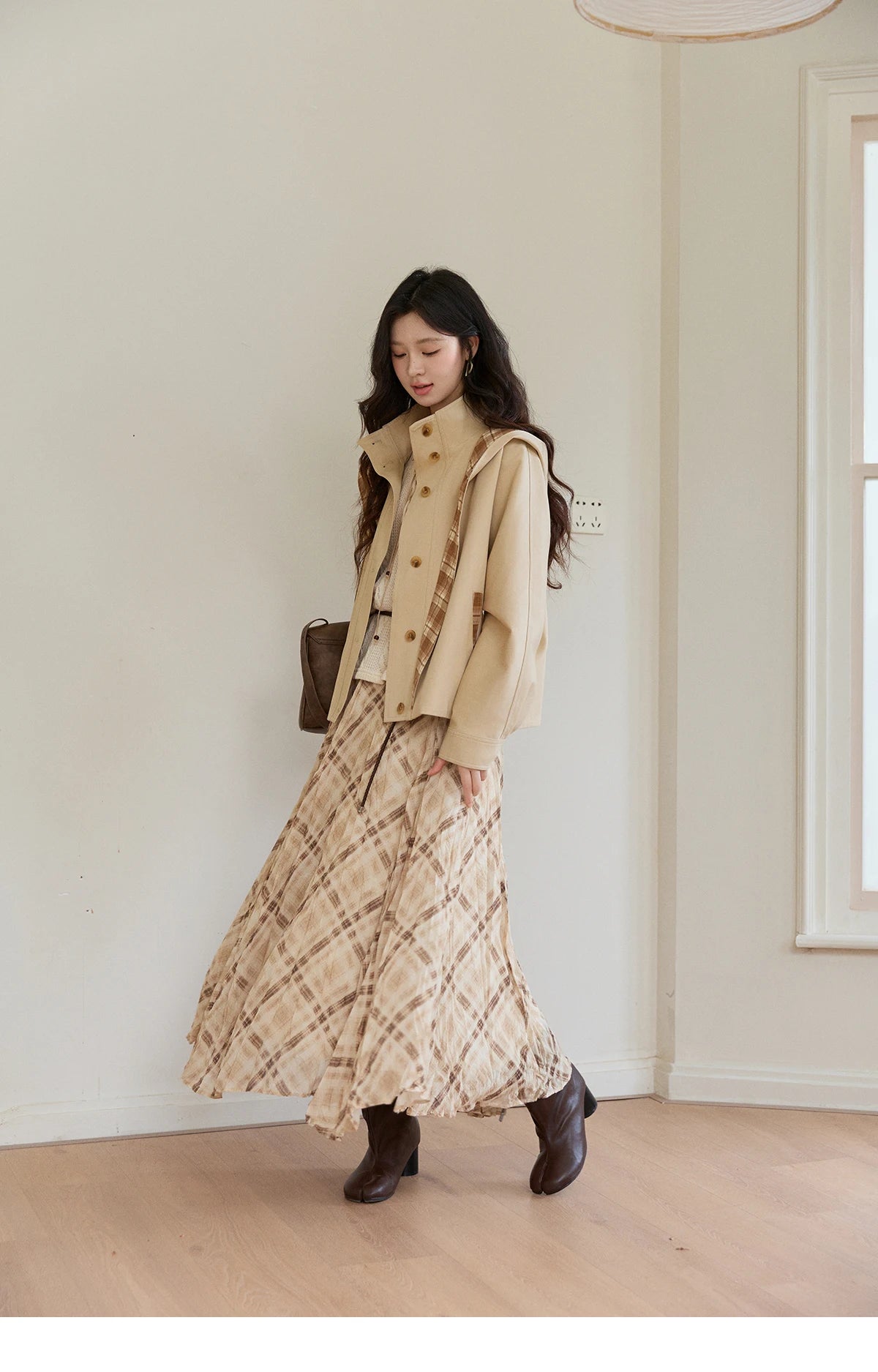 MISHOW Women's Beige Plaid Maxi Skirt 2026 Spring High Waist Flowy A-Line Skirts Elastic Waist Casual Chiffon Skirt MXF108B0769