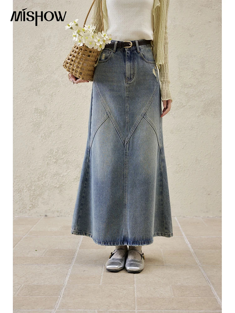 MISHOW Denim Skirt Women 2025 Spring Irregular Wash Denim Distressed Skirts Split Back Hem High Waist Commuter Skirt MXE14B0705
