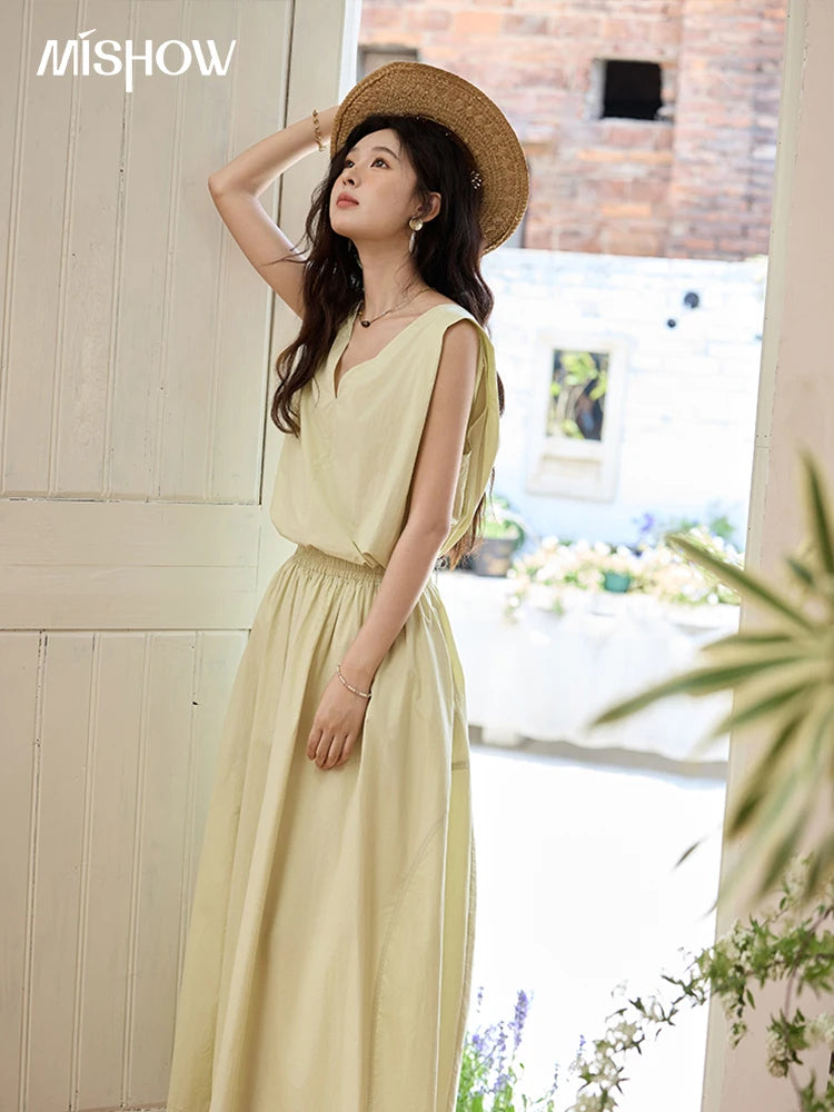 MISHOW Office Lady Solid Blouses Skirts Sets Women Summer 2025 V-neck Sleeveless Vest Elastic Waist Loose Skirts Sets MXE34T0604