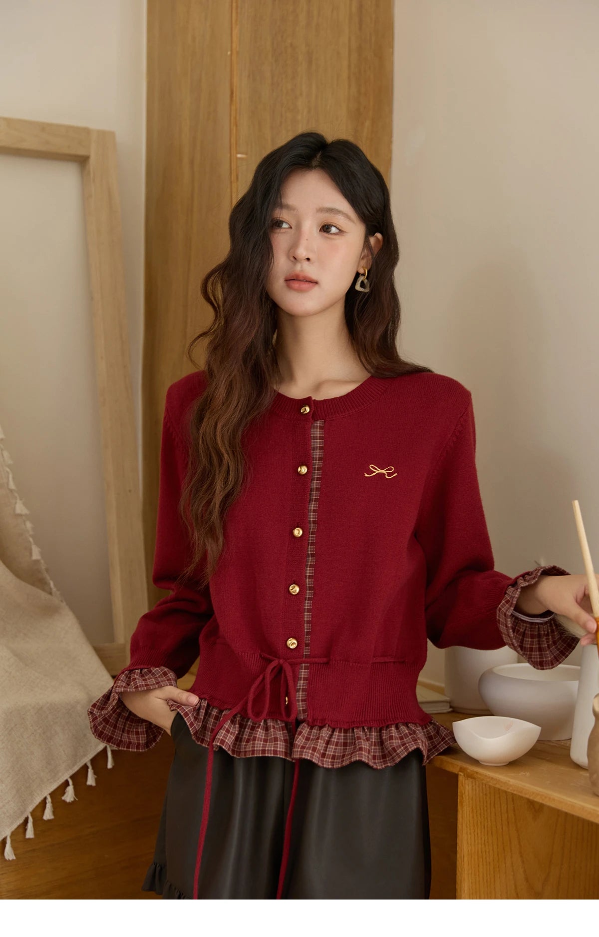 MISHOW Christmas Women's Cardigan 2025 Red Fake Two-Piece Plaid Patchwork Knit Top O-Neck Single-Breasted Outerwear MXE45Z2483