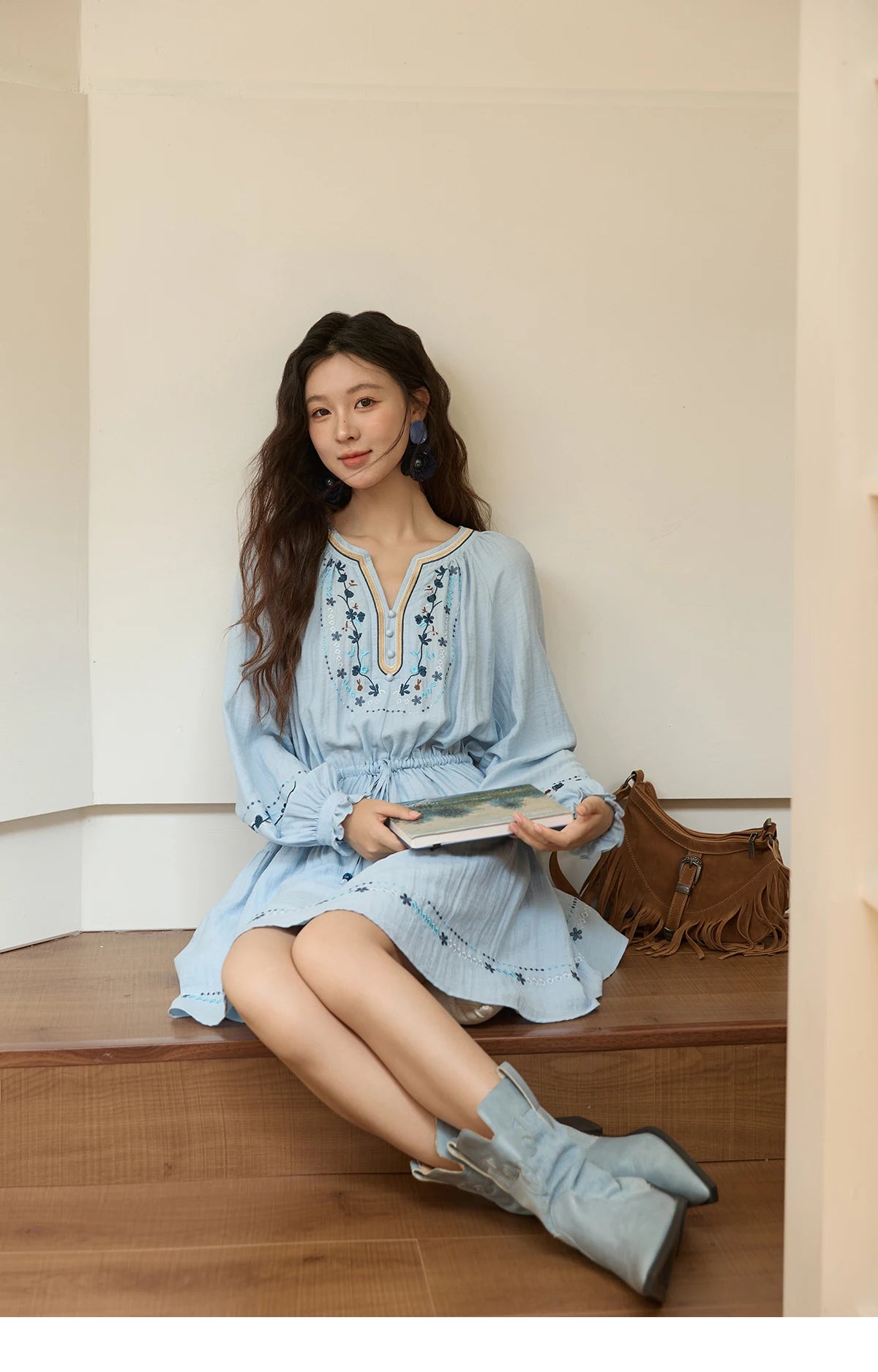 MISHOW Woman Long Sleeve Dress Autumn Elegant V-neck Embroidered Drawstring Waist Dress A-line Bohemian Midi Dresses MXE44L2489