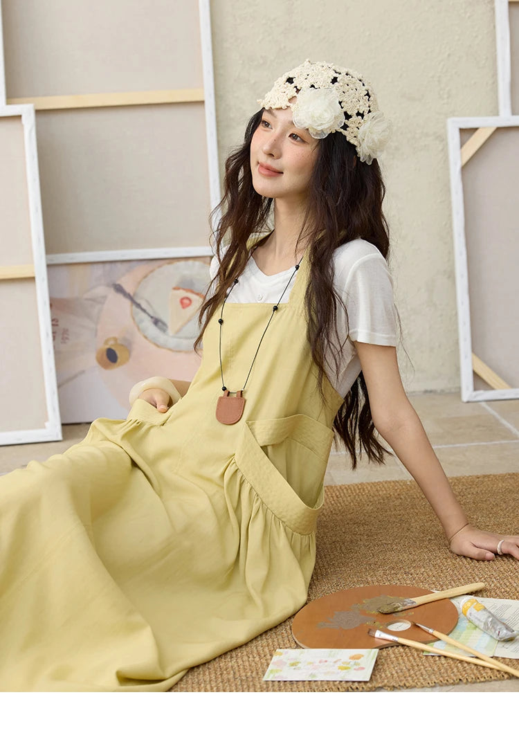 MISHOW Women's Cargo Large Pocket Strap Dress 2025 Summer Lemon-yellow Sleeveless Dress Retro Square Neck Loose Dress MXE35L2302