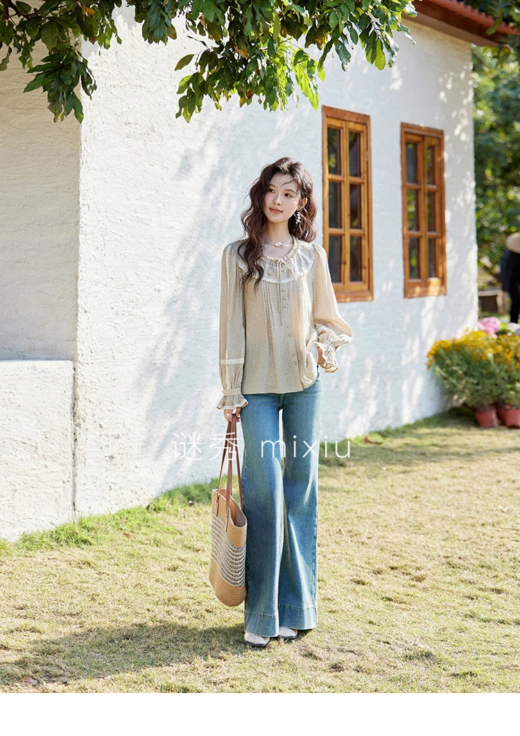 MISHOW Women's Floral Round Neck Shirts 2025 Spring Ruffled Collar Commuting Top Sweet Petal Sleeve Lace-up Shirts MXE14X1729