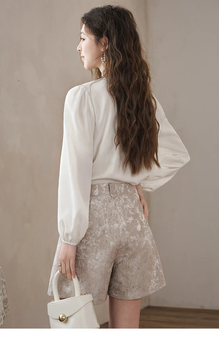 MISHOW High Waist Jacquard Shorts Spring 2024 Palace Style Metal Flower Shaped Buttons Thin Retro A-line Short Pants MXD15K0551