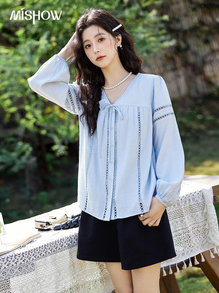 MISHOW French Sweet Loose Blue Shirt for Women 2025 Spring Summer V-neck Lace-up Hollow Doll Shirt Lantern Sleeve Top MXE12C0411