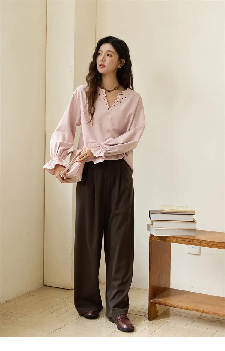 MISHOW Women's Elegant Blouse 2025 Autumn French Style Hollow Out V Neck Pink Blouse Loose Commute Long Sleeves Top MXE48X2502