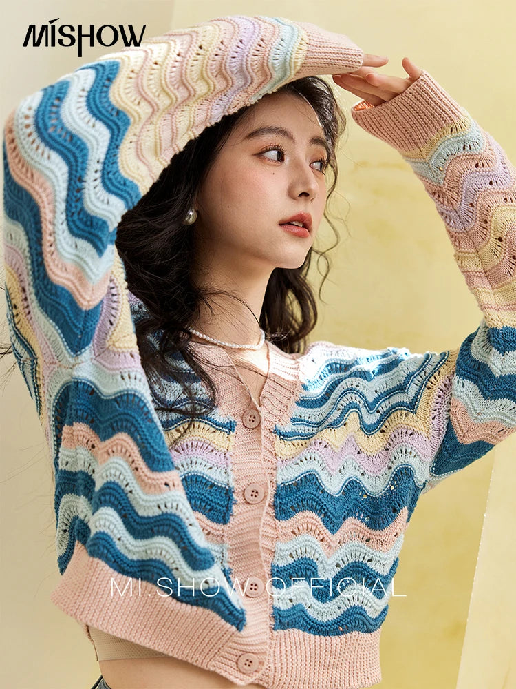 MISHOW Color Stripe Knitted Cardigan Women 2025 Spring V-neck Long Sleeve Loose Cardigans Woman Fashion Office Lady MXE16Z1203