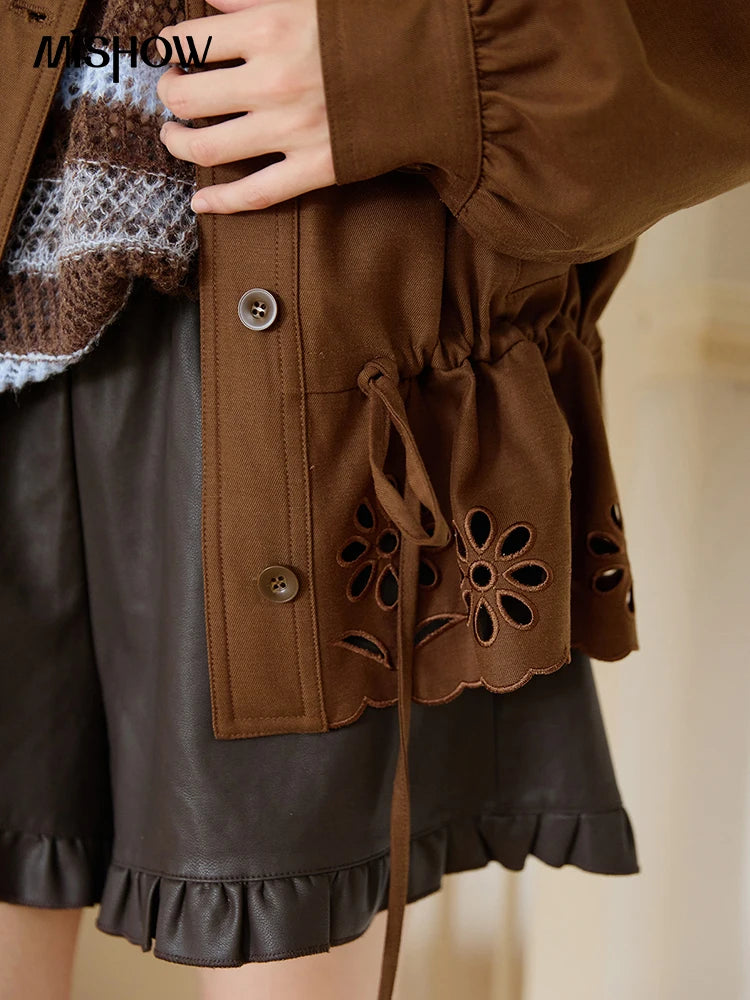 MISHOW Hollow Embroidered Trench for Women Autumn 2025 Drawstring Waist Coffee Jacket Lapel Single Breasted Coat MXE48W0855