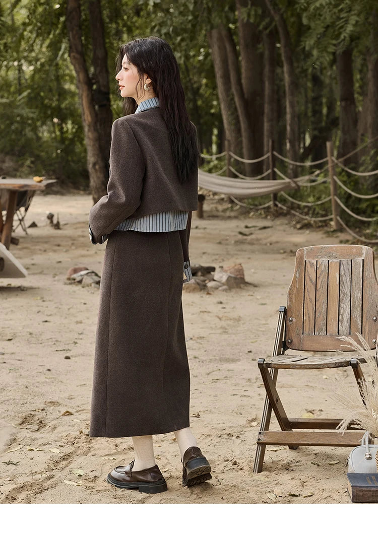 MISHOW Plaid Tweed Skirt Long-sleeved Jacket Long Skirt Separately Winter 2024 Korean O Neck Coat Front Slit Skirt MXD43W0445