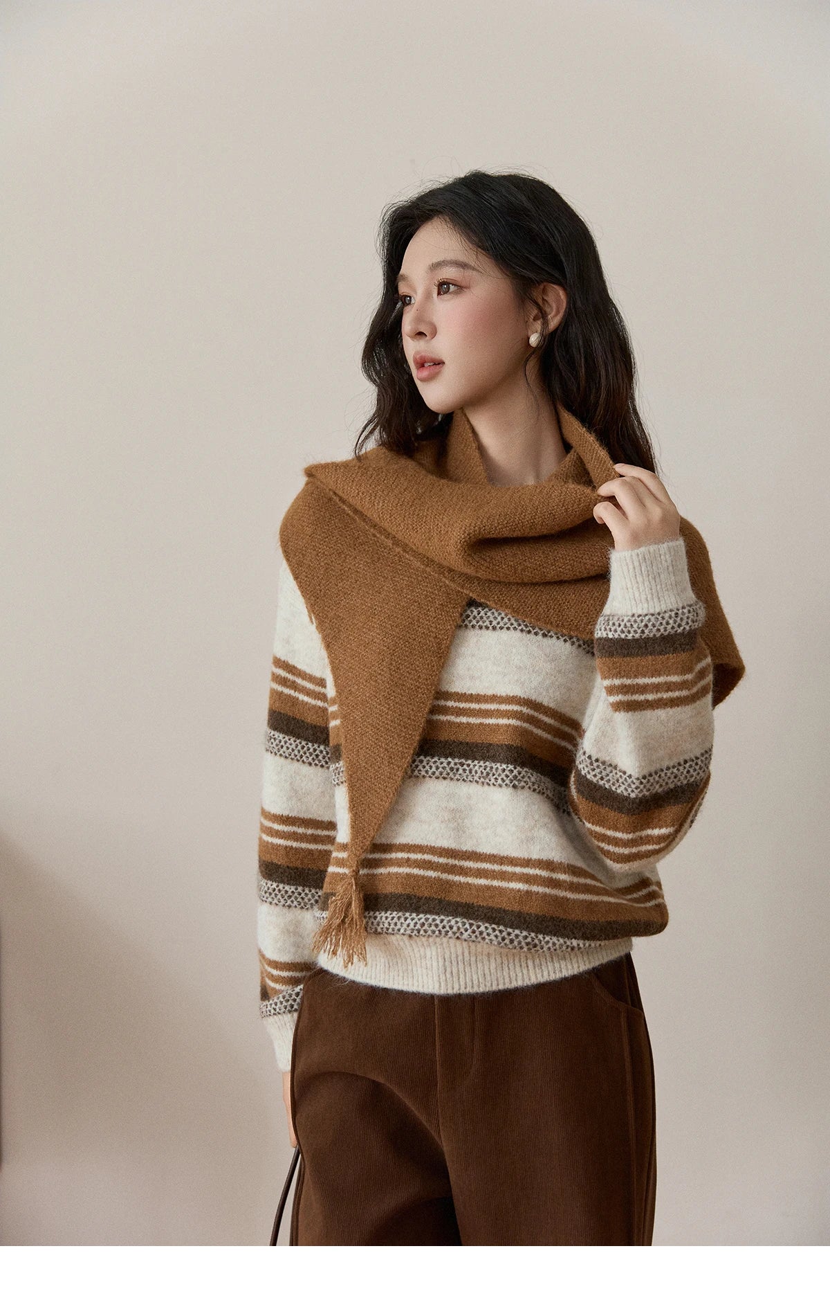 MISHOW Women's Wool Blend Retro Striped Sweater with Scarf Set 2025 Winter Knitted Round Neck Warm Loose Sweaters MXE94Z2987