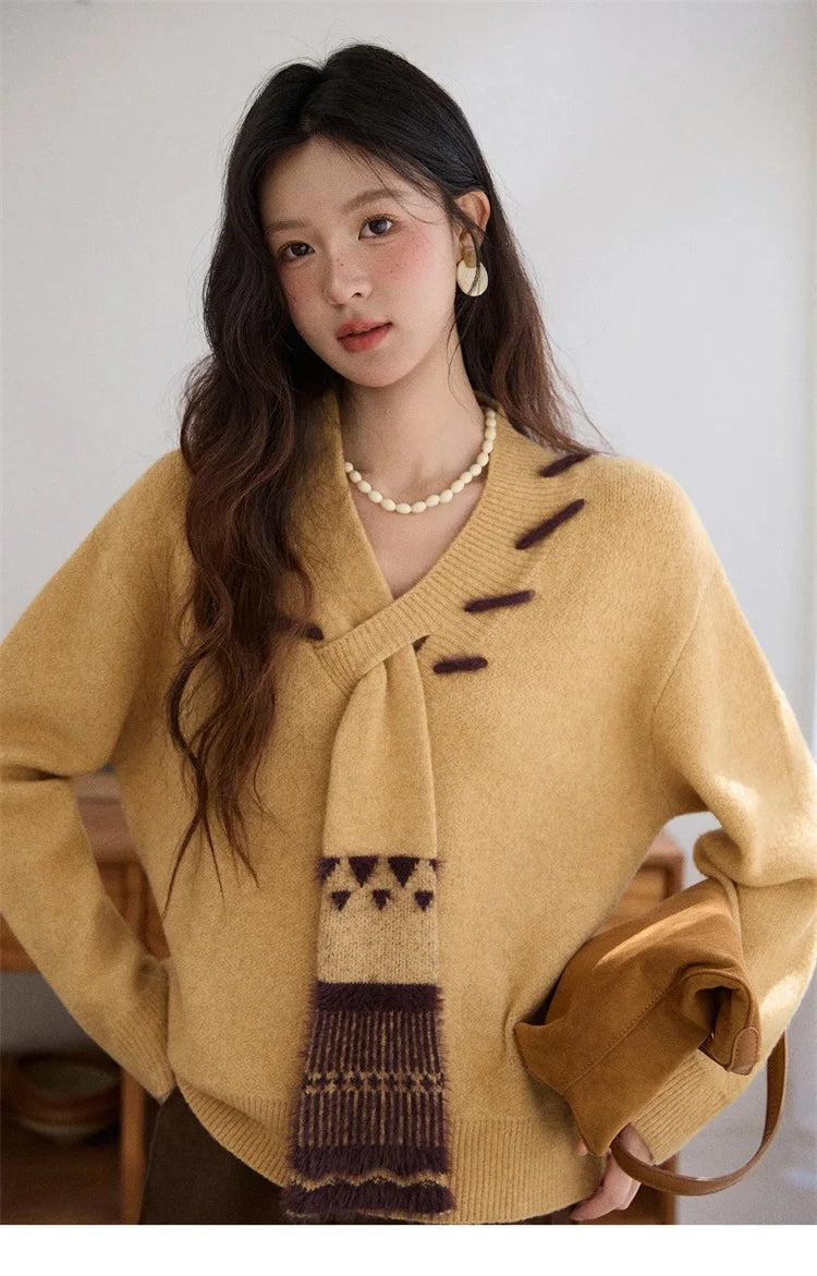 MISHOW Women V-neck Knit Top 2025 French-style Elegant Workwear Long-sleeved Yellow Pullover Women's Winter Clothing MXE87Z2771
