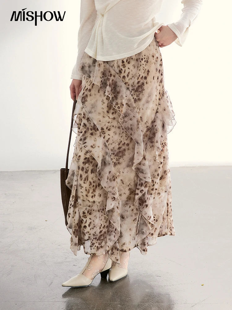 MISHOW Women's Leopard Print Maxi Skirt Spring Ruffled Chiffon Elastic Waist Skirts Casual Retro Flowy Long Skirt MXF108B0772