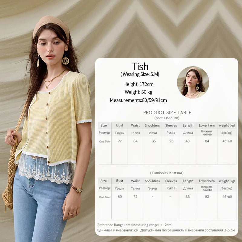 MISHOW Summer Camisole Cardigan Sets for Women 2025 Short Sleeve Round Neck Hem Lace Knitted Tops Female Fashion MXE33T0582